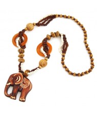 Vintage Carving Wooden Elephant Pendant Beads Fashion Necklace