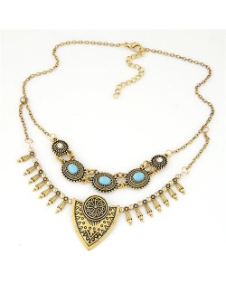 Gem Inlaid Vintage Floral Pattern Dual Layers Design Fashion Statement Necklace - Golden
