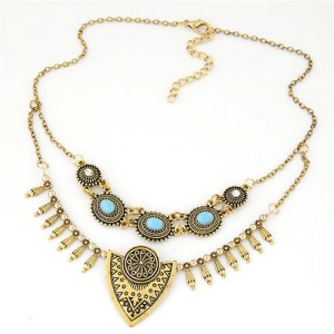 Gem Inlaid Vintage Floral Pattern Dual Layers Design Fashion Statement Necklace - Golden