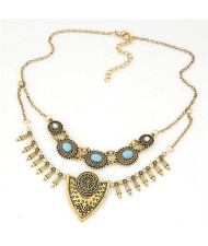 Gem Inlaid Vintage Floral Pattern Dual Layers Design Fashion Statement Necklace - Golden