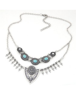 Gem Inlaid Vintage Floral Pattern Dual Layers Design Fashion Statement Necklace - Silver