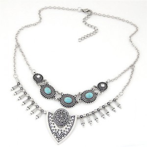 Gem Inlaid Vintage Floral Pattern Dual Layers Design Fashion Statement Necklace - Silver