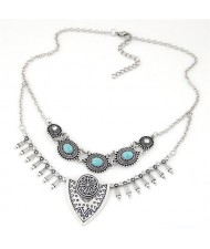 Gem Inlaid Vintage Floral Pattern Dual Layers Design Fashion Statement Necklace - Silver