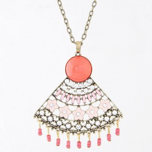 Resin Gems and Rhinestones Inlaid Floral Pendant Long Chain Fashion Necklace - Red