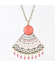Resin Gems and Rhinestones Inlaid Floral Pendant Long Chain Fashion Necklace - Red