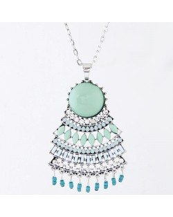 Resin Gems and Rhinestones Inlaid Floral Pendant Long Chain Fashion Necklace - Blue