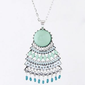Resin Gems and Rhinestones Inlaid Floral Pendant Long Chain Fashion Necklace - Blue