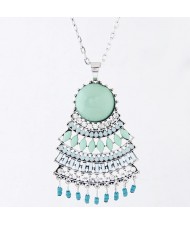 Resin Gems and Rhinestones Inlaid Floral Pendant Long Chain Fashion Necklace - Blue