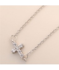 Cubic Zirconia Inlaid Horizontal Cross Pendant Fashion Necklace - Silver
