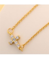 Cubic Zirconia Inlaid Horizontal Cross Pendant Fashion Necklace - Golden