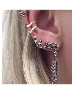 Feather Night Owl and Buddha 6 pcs Combo Asymmetric Fashion Earrings