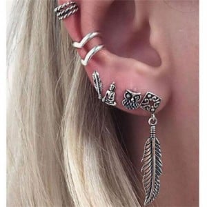 Feather Night Owl and Buddha 6 pcs Combo Asymmetric Fashion Earrings