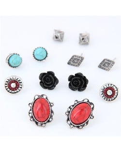 Black Rose Turquoise Beads and Button Beads Combo Fashion Earrings