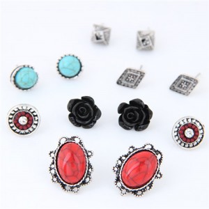 Black Rose Turquoise Beads and Button Beads Combo Fashion Earrings