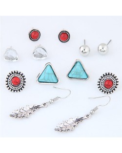 Turquoise Beads and Leaves Assorted Elements Combo Vintage Fashion Earrings