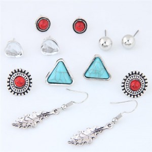 Turquoise Beads and Leaves Assorted Elements Combo Vintage Fashion Earrings