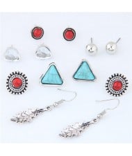 Turquoise Beads and Leaves Assorted Elements Combo Vintage Fashion Earrings