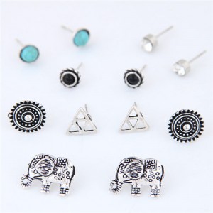 Vintage Button Beads and Elephants Combo Costume Earrings