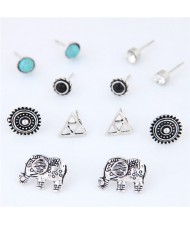 Vintage Button Beads and Elephants Combo Costume Earrings