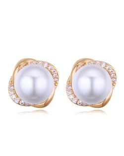 Luxurious Cubic Zirconia Embellished Pearl Inlaid Floral Design Fashion Stud Earrings - Golden