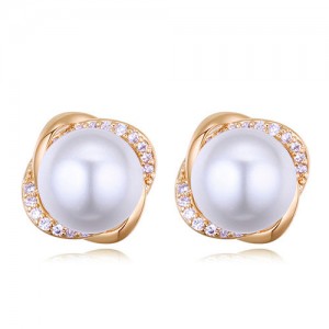 Luxurious Cubic Zirconia Embellished Pearl Inlaid Floral Design Fashion Stud Earrings - Golden