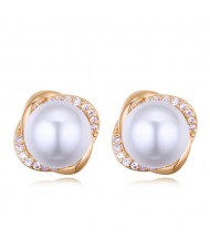 Luxurious Cubic Zirconia Embellished Pearl Inlaid Floral Design Fashion Stud Earrings - Golden