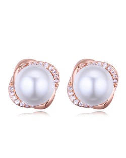 Luxurious Rhinestone Embellished Pearl Inlaid Floral Design Fashion Stud Earrings - Rose Gold