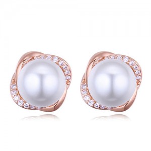 Luxurious Rhinestone Embellished Pearl Inlaid Floral Design Fashion Stud Earrings - Rose Gold