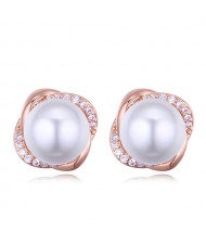 Luxurious Rhinestone Embellished Pearl Inlaid Floral Design Fashion Stud Earrings - Rose Gold