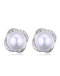 Luxurious Rhinestone Embellished Pearl Inlaid Floral Design Fashion Stud Earrings - Platinum