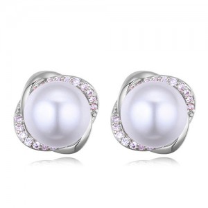 Luxurious Rhinestone Embellished Pearl Inlaid Floral Design Fashion Stud Earrings - Platinum