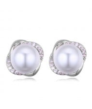 Luxurious Rhinestone Embellished Pearl Inlaid Floral Design Fashion Stud Earrings - Platinum