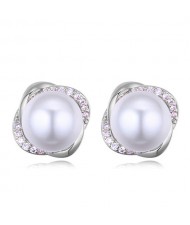 Luxurious Rhinestone Embellished Pearl Inlaid Floral Design Fashion Stud Earrings - Platinum
