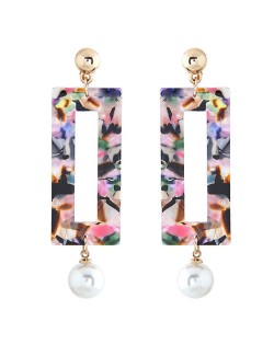 Abstract Pattern Marble Texture Oblong Pendant with Dangling Pearl Design Fashion Stud Earrings - Multicolor
