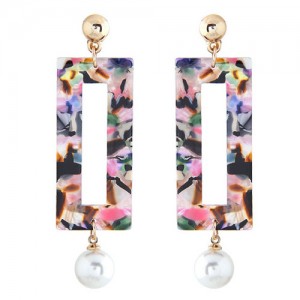 Abstract Pattern Marble Texture Oblong Pendant with Dangling Pearl Design Fashion Stud Earrings - Multicolor