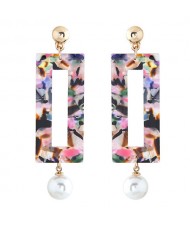 Abstract Pattern Marble Texture Oblong Pendant with Dangling Pearl Design Fashion Stud Earrings - Multicolor