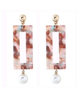 Abstract Pattern Marble Texture Oblong Pendant with Dangling Pearl Design Fashion Stud Earrings - Brown