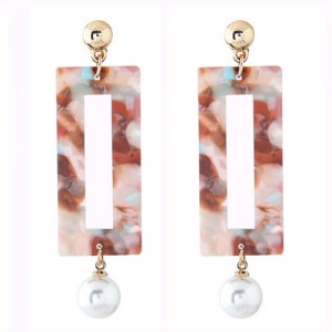 Abstract Pattern Marble Texture Oblong Pendant with Dangling Pearl Design Fashion Stud Earrings - Brown
