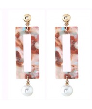 Abstract Pattern Marble Texture Oblong Pendant with Dangling Pearl Design Fashion Stud Earrings - Brown