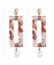 Abstract Pattern Marble Texture Oblong Pendant with Dangling Pearl Design Fashion Stud Earrings - Brown