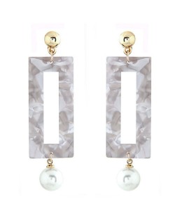 Abstract Pattern Marble Texture Oblong Pendant with Dangling Pearl Design Fashion Stud Earrings - White
