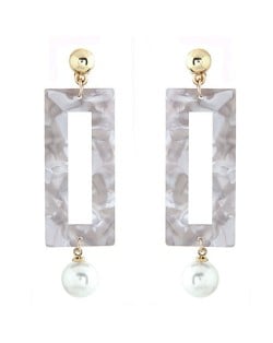 Abstract Pattern Marble Texture Oblong Pendant with Dangling Pearl Design Fashion Stud Earrings - White