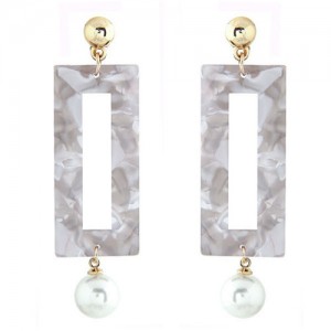 Abstract Pattern Marble Texture Oblong Pendant with Dangling Pearl Design Fashion Stud Earrings - White