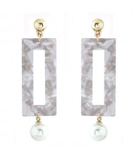 Abstract Pattern Marble Texture Oblong Pendant with Dangling Pearl Design Fashion Stud Earrings - White