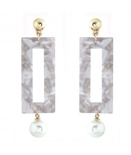 Abstract Pattern Marble Texture Oblong Pendant with Dangling Pearl Design Fashion Stud Earrings - White