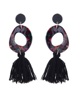 Irregular Oval Shape Pendant with Cotton Threads Tassel Design Fashion Costume Earrings - Black