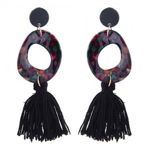Irregular Oval Shape Pendant with Cotton Threads Tassel Design Fashion Costume Earrings - Black