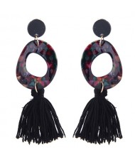 Irregular Oval Shape Pendant with Cotton Threads Tassel Design Fashion Costume Earrings - Black