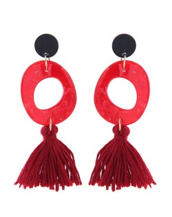Irregular Oval Shape Pendant with Cotton Threads Tassel Design Fashion Costume Earrings - Red