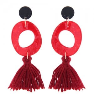 Irregular Oval Shape Pendant with Cotton Threads Tassel Design Fashion Costume Earrings - Red
